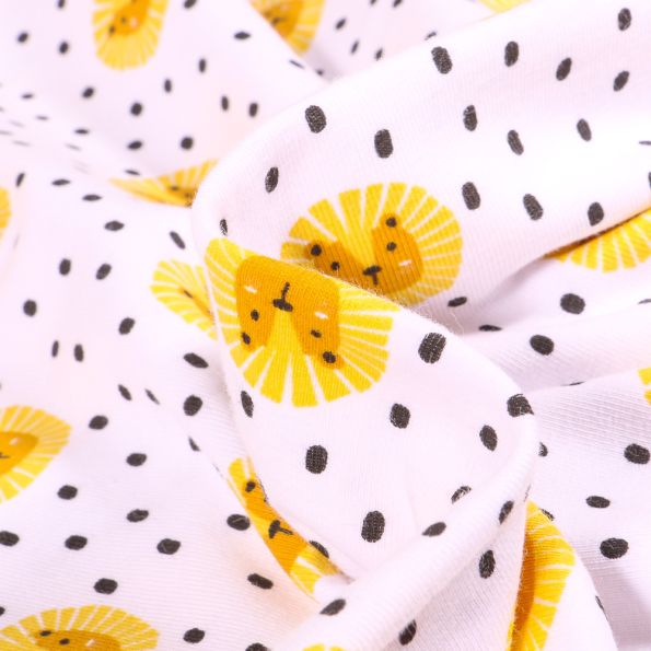 Tissu Jersey Coton Lions et pois noirs sur fond Blanc - Par 10 cm