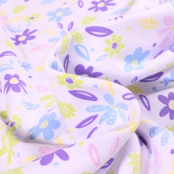 Tissu Jersey Coton Fleurs Maeva Lila sur fond Blanc - Par 10 cm