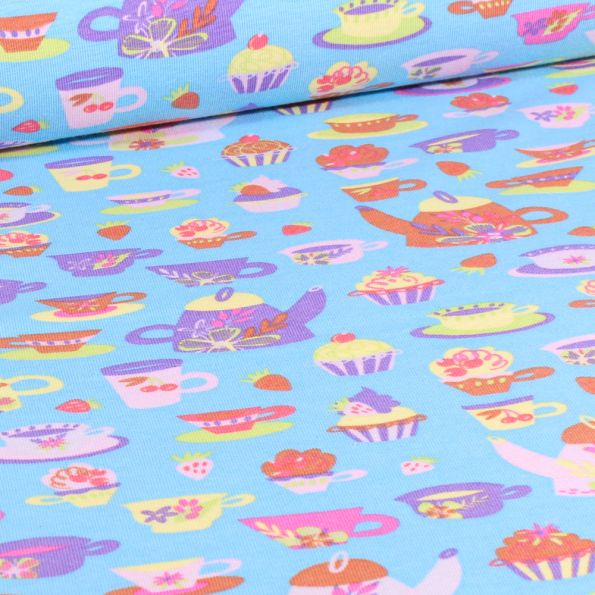 Tissu Jersey Coton Tea time sur fond Bleu turquoise - Par 10 cm