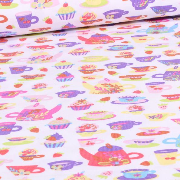 Tissu Jersey Coton Tea time sur fond Blanc - Par 10 cm