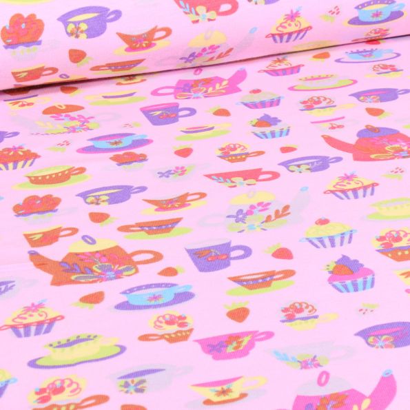 Tissu Jersey Coton Tea time sur fond Rose - Par 10 cm