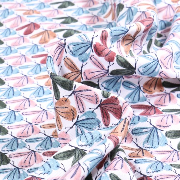 Tissu Jersey Coton Aqua libellules sur fond Blanc - Par 10 cm