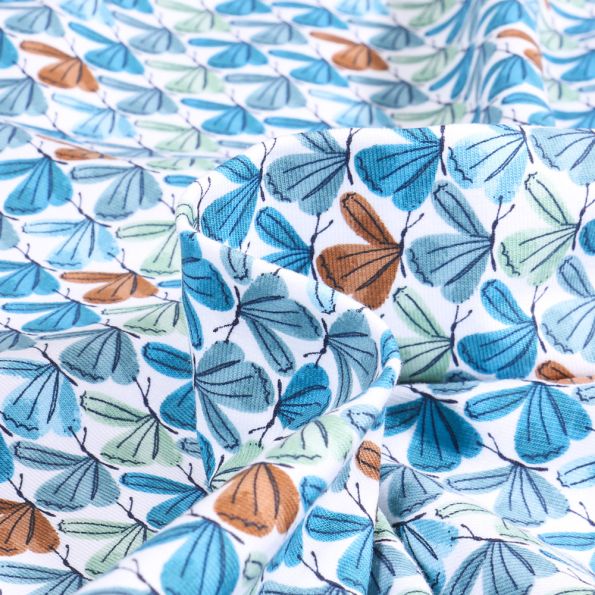 Tissu Jersey Coton Aquazur libellules sur fond Blanc - Par 10 cm