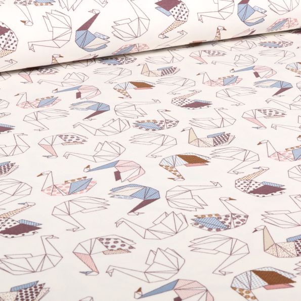 Tissu Jersey Coton Cignes Origami sur fond Blanc cassé - Par 10 cm