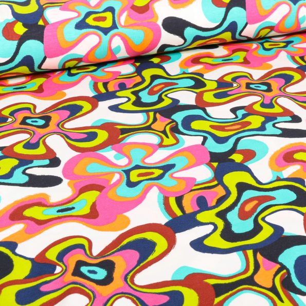 Tissu Jersey Coton  Maaike rose sur fond Blanc - Par 10 cm