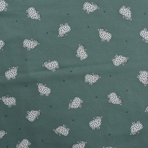 Tissu Jersey Coton Mouton blanc sur fond Vert - Par 10 cm