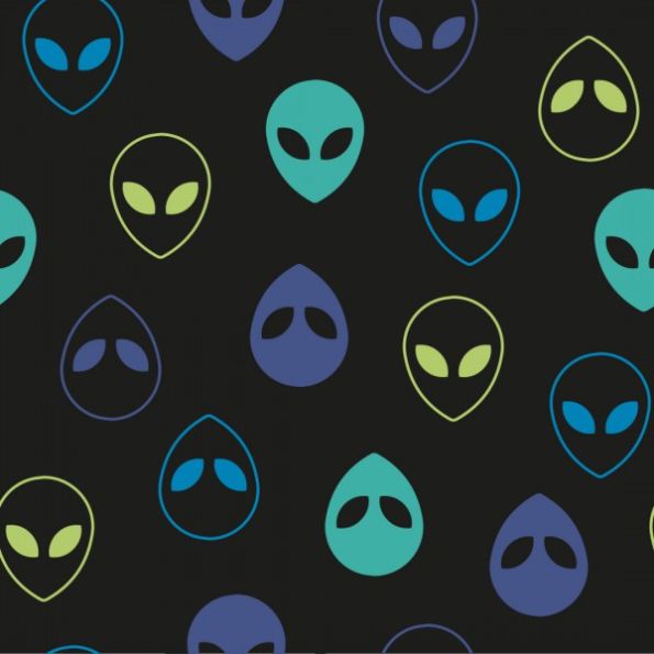 Tissu Jersey Coton Alien violet et bleu sur fond Noir - Par 10 cm