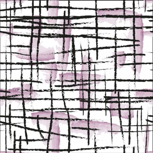 Tissu Jersey Coton Traits noirs et violine sur fond Blanc - Par 10 cm