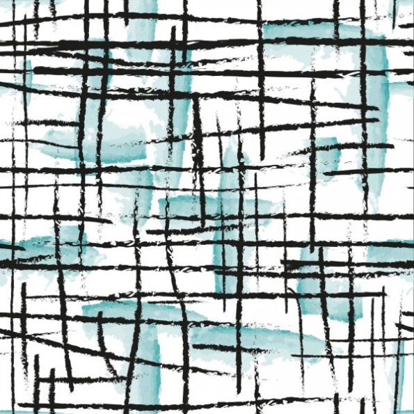 Tissu Jersey Coton Traits noirs et pétrole sur fond Blanc - Par 10 cm