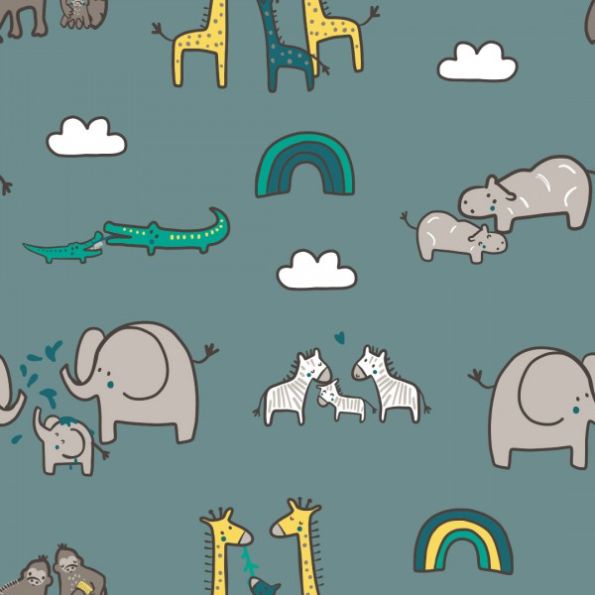 Tissu Jersey Coton Animaux Loulou sur fond Vert - Par 10 cm