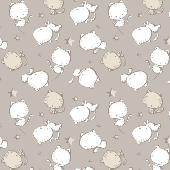 Tissu Jersey Coton imprimé Chaton Louis sur fond Taupe - Par 10 cm