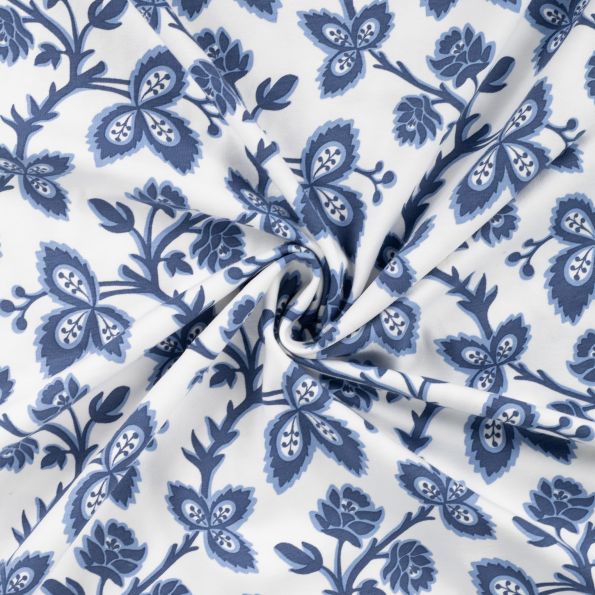 Tissu Jersey Coton imprimé Motif floral bleu sur fond Blanc - Par 10 cm