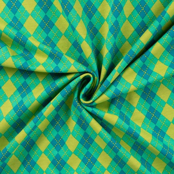 Tissu Jersey Coton imprimé Argyle sur fond Vert - Par 10 cm
