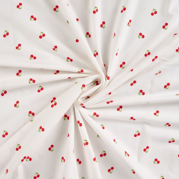 Tissu Jersey Coton imprimé Cerises rouges sur fond Blanc cassé - Par 10 cm