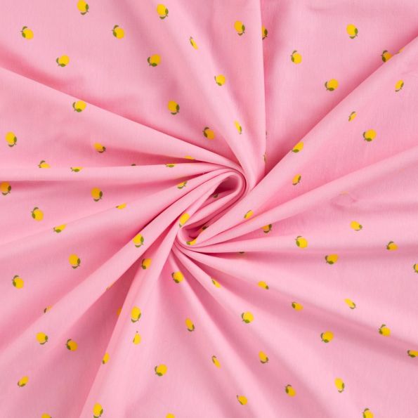 Tissu Jersey Coton imprimés Citrons jaunes sur fond Rose - Par 10 cm