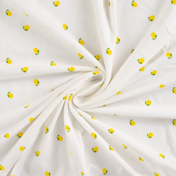 Tissu Jersey Coton imprimés Citrons jaunes sur fond Ecru - Par 10 cm