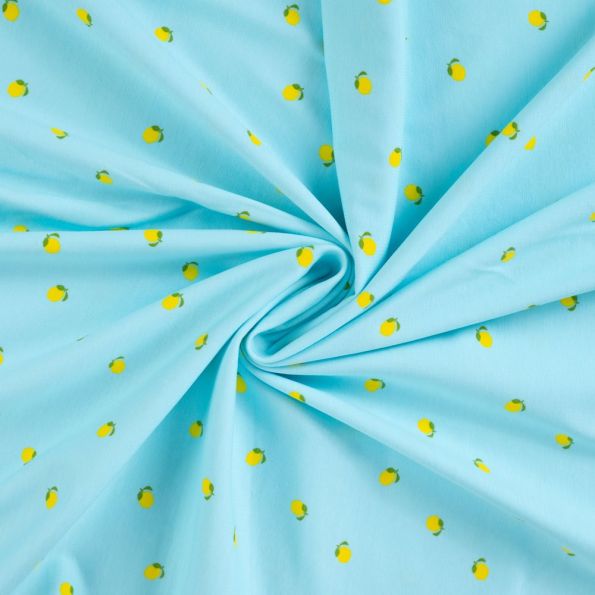 Tissu Jersey Coton imprimés Citrons jaunes sur fond Bleu turquoise - Par 10 cm