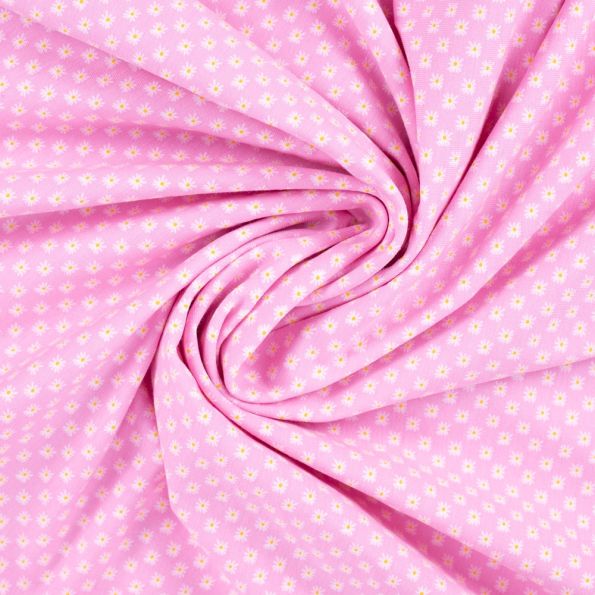 Tissus Jersey Coton imprimé Petites fleurs blanches et jaunes sur fond Rose - Par 10 cm