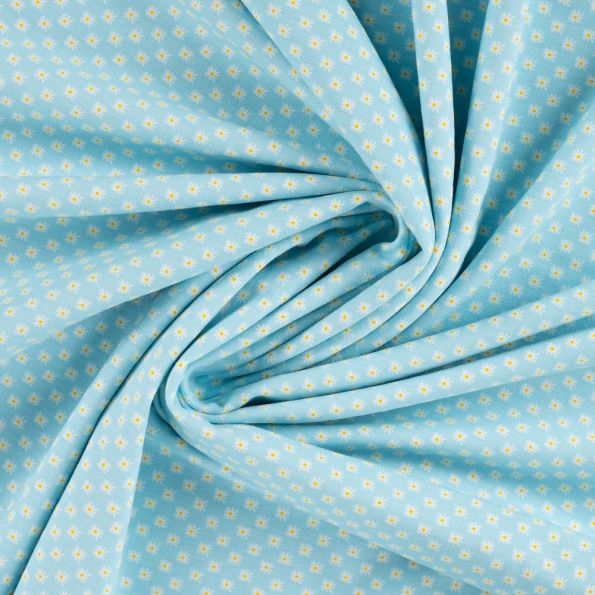 Tissus Jersey Coton imprimé Petites fleurs blanches et jaunes sur fond Bleu turquoise - Par 10 cm