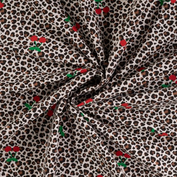 Tissus Jersey Coton imprimé Cerises et léopard sur fond Ecru - Par 10 cm