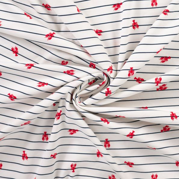 Tissu Jersey Coton imprimé Tom homards sur marinière sur fond Blanc - Par 10 cm