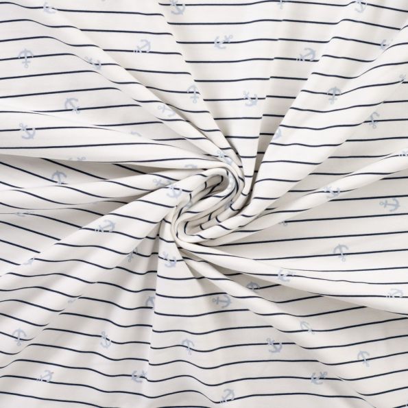 Tissu Jersey Coton imprimé Malo fine marinière sur fond Blanc cassé - Par 10 cm
