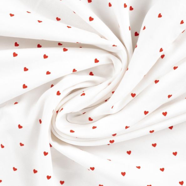 Tissu Jersey Coton Rosalie Petits coeurs framboise sur fond Blanc cassé - Par 10 cm