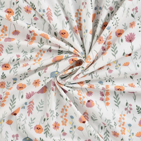 Tissus Jersey Coton imprimé Fleurs Louise sur fond Blanc cassé - Par 10 cm