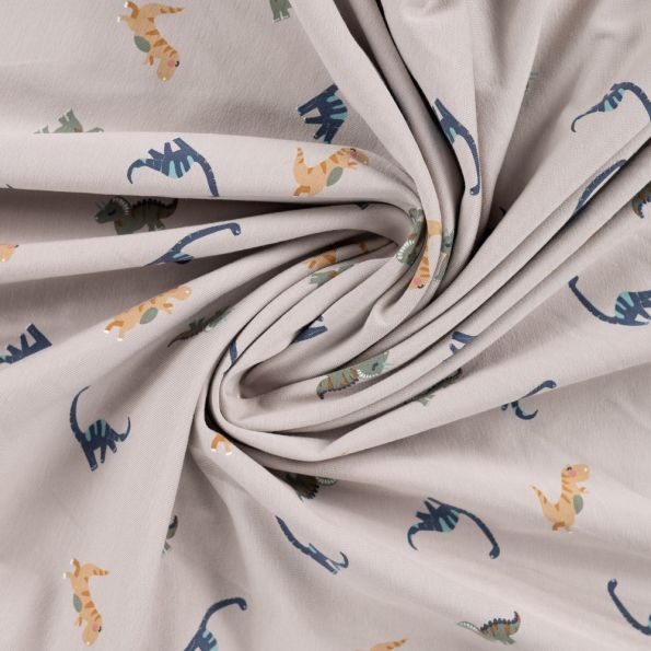 Tissu Jersey Coton imprimé Noé gentils dinosaures sur fond Beige - Par 10 cm