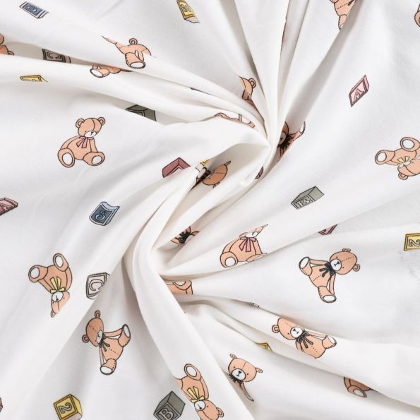 Tissu Jersey Coton imprimé Cubes et petits oursons sur fond Blanc cassé - Par 10 cm