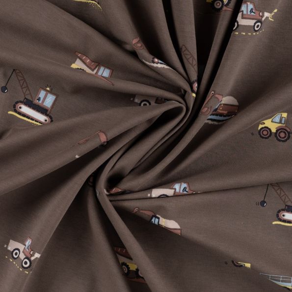 Tissu Jersey Coton imprimé Gabin engins chantier sur fond Marron - Par 10 cm
