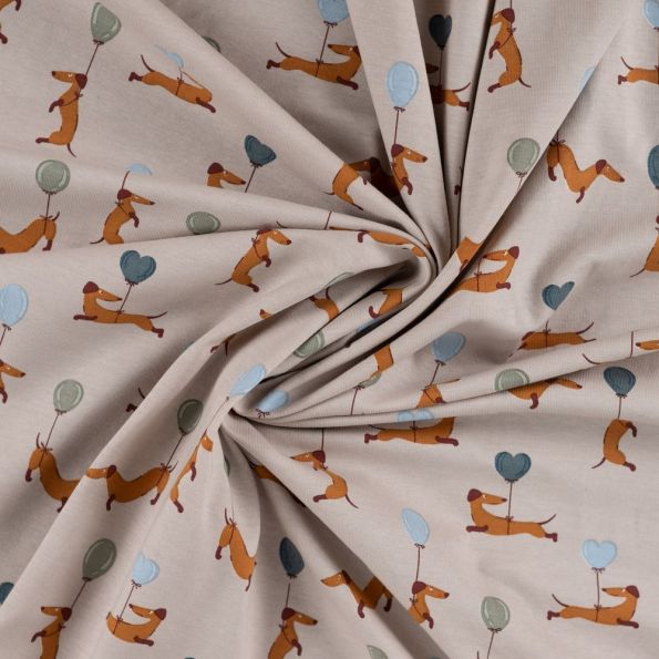 Tissu Jersey Coton imprimé Malo chiens volants sur fond Beige - Par 10 cm