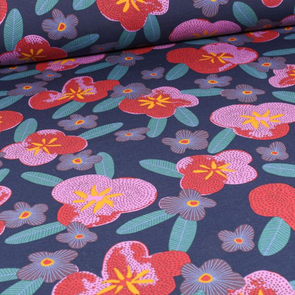 Tissu Jersey Coton Craftine Happiness flowers sur fond Bleu marine - Par 10 cm