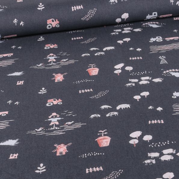 Tissu Coton imprimé Ferme de campagne sur fond Gris anthracite - Par 10 cm
