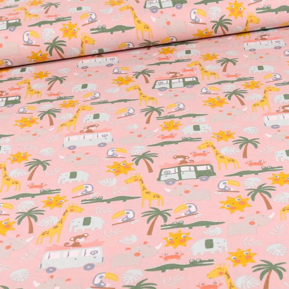 Tissu Coton imprimé LittleBird Camping safari sur fond Rose - Par 10 cm