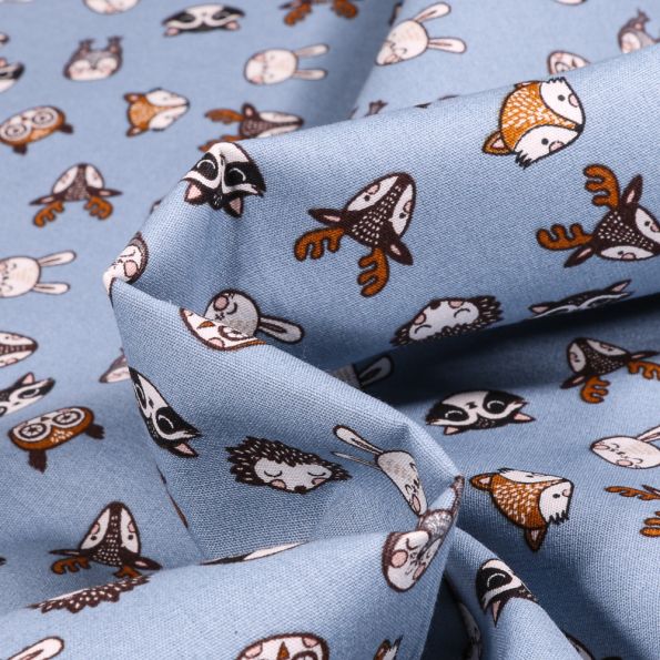 Tissu Coton imprimé Animaux de la forêt sur fond Bleu lavande - Par 10 cm