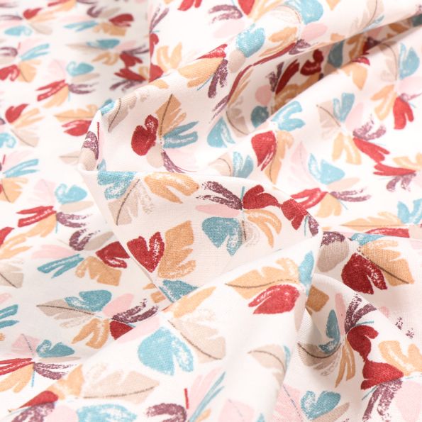 Tissu Coton imprimé Chila bordeaux sur fond Blanc cassé - Par 10 cm