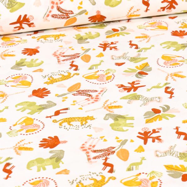 Tissu Coton imprimé Jungle mood orange sur fond Blanc cassé - Par 10 cm