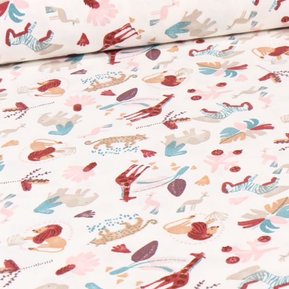 Tissu Coton imprimé Jungle mood bordeaux sur fond Blanc cassé - Par 10 cm