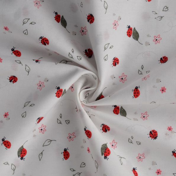 Tissu Popeline de Coton Coccinelles fleuris sur fond Blanc cassé - Par 10 cm