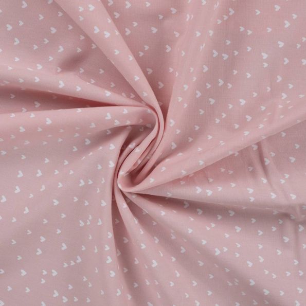 Tissu Popeline de  Coton  cœurs blancs Zivy sur fond Rose - Par 10 cm