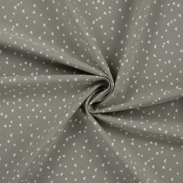 Tissu Popeline de Coton cœurs blancs Zivy sur fond Vert kaki clair - Par 10 cm