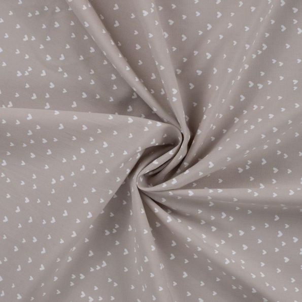 Tissu Popeline de  Coton  cœurs blancs Zivy sur fond Taupe - Par 10 cm
