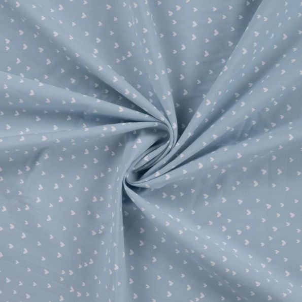 Tissu Popeline de  Coton  cœurs blancs Zivy sur fond Bleu gris - Par 10 cm