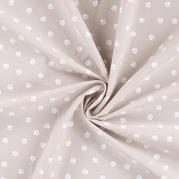 Tissu Popeline de Coton  empreintes de pattes blanches Zumi sur fond Taupe - Par 10 cm