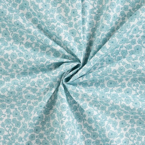 Tissu Coton imprimé Fleurs Mia bleues sur fond Blanc - Par 10 cm