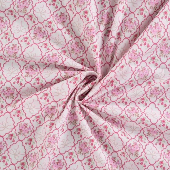 Tissu Coton imprimé Fleuris indien rose sur fond Blanc - Par 10 cm
