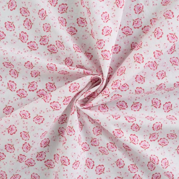 Tissu Coton imprimé Fleurs indiennes roses sur fond Blanc - Par 10 cm