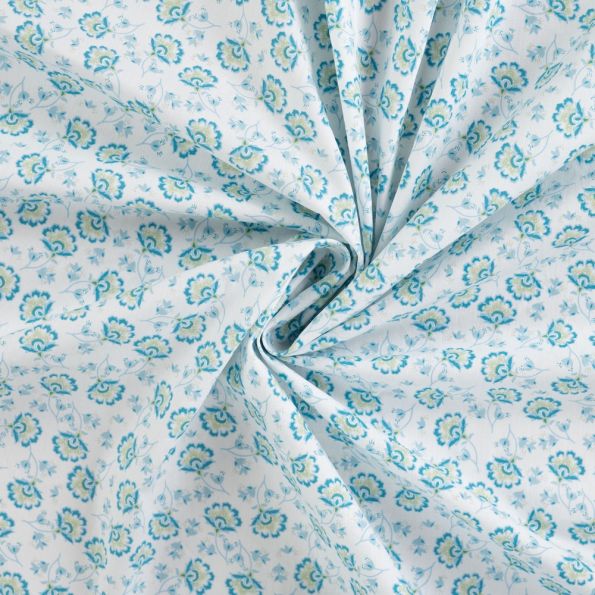 Tissu Coton imprimé Fleurs indiennes bleues sur fond Blanc - Par 10 cm