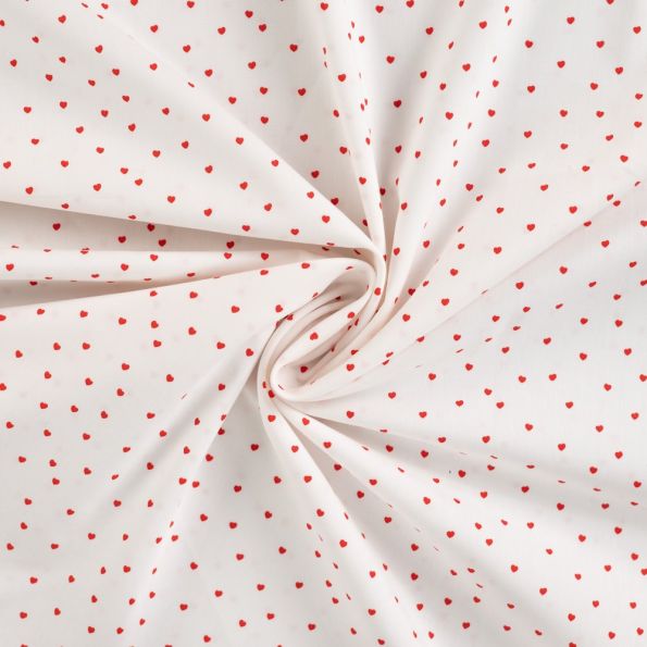 Tissu Coton imprimé Petits coeurs rouges sur fond Blanc - Par 10 cm